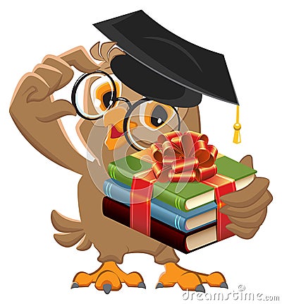 Owl teacher holding gift book. Book is best gift Vector Illustration