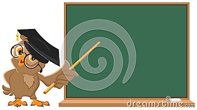 Owl teacher holding pointer at blackboard Vector Illustration