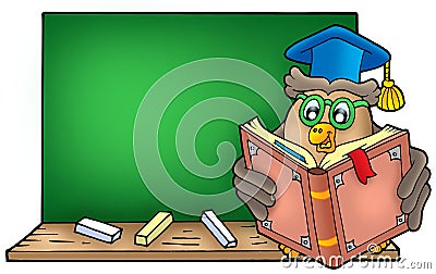 Owl teacher reading book on blackboard Cartoon Illustration