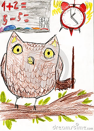 Owl teaches math. children drawing Stock Photo