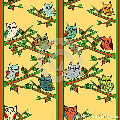 Owl tree branch vertical vector seamless pattern Vector Illustration