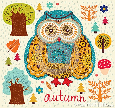 Owl and trees Vector Illustration