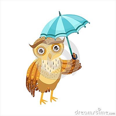 Owl With Umbrella Cute Cartoon Character Emoji With Forest Bird Showing Human Emotions And Behavior Vector Illustration