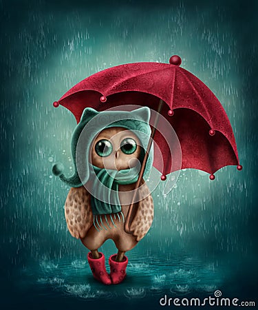 Owl with umbrella Stock Photo