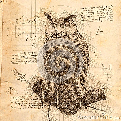 Owl in Vintage Steampunk Da Vinci Drawing Style Stock Photo