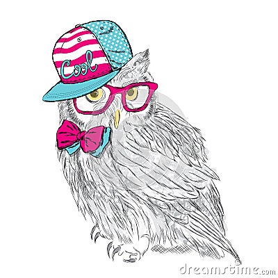 Owl wearing a cap and a tie. Print. Hipster. Painted Bird. America. USA. Vector Illustration