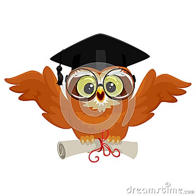 Owl wearing graduation cap and holding diploma while flying Vector Illustration