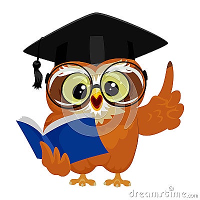 Owl wearing graduation cap while reading book Vector Illustration