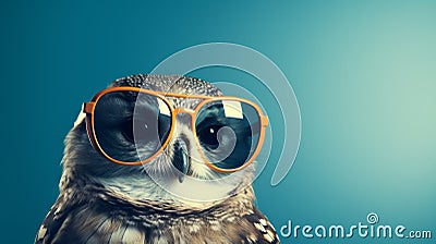 Retro Glamor: Owl Wearing Sunglasses On Blue Background Stock Photo
