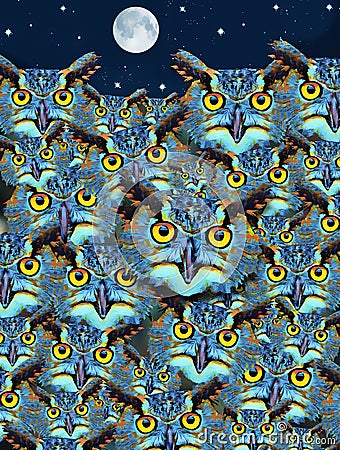 Owls with big yellow eyes peer out in the night Cartoon Illustration