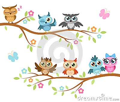 Owls on a branch. Colorful cute friends owls sitting on branches, joyful forest birds, pattern kids print, cartoon Vector Illustration