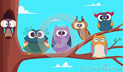 Owls branches. Cute funny group of wild baby birds sitting on branches tree big expression cartoon eye vector background Vector Illustration