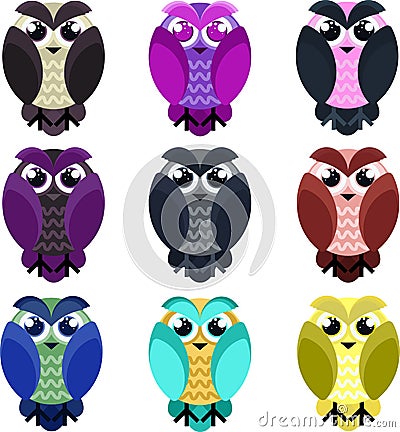 Owls in bright color with thick frowning eyebrows. Vector illustration Vector Illustration