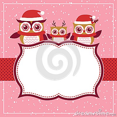 Owls cartoon red christmas illustration Vector Illustration