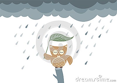 Owls cartoon sitting on a branch in the rain,Vector illustrations Stock Photo