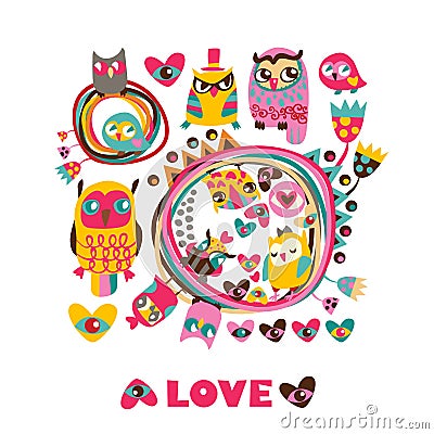 Owls cute background. Vector Illustration