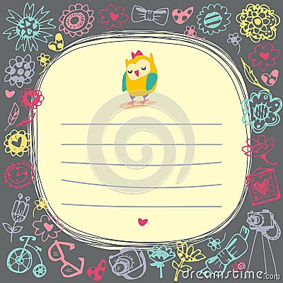 Owls cute cartoon card and sample text. Vector Illustration
