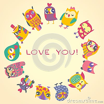 Owls cute greeting card and sample text. Vector Illustration