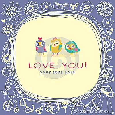 Owls cute greeting card and sample text. Vector Illustration