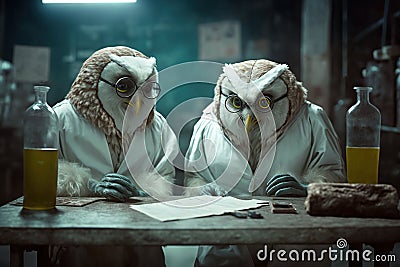 Owls dressed as scientists experimenting, created with Generative AI technology Stock Photo