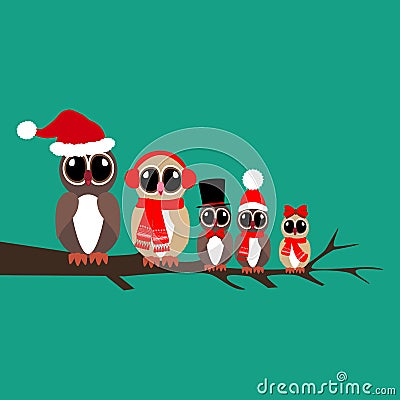 Owls family on the branch Vector Illustration
