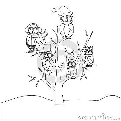 Owls family on the tree Vector Illustration