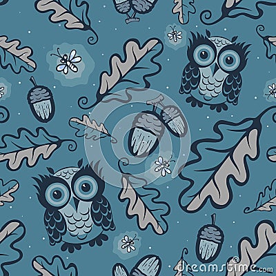 Owls and fireflies pattern Vector Illustration