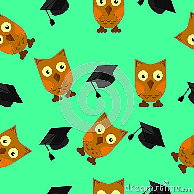 Owls with graduates caps, green background Vector Illustration