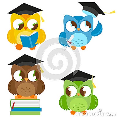 Owls with graduation hats. Vector education set Vector Illustration