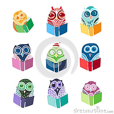 Owls hand drawn set Cartoon Illustration