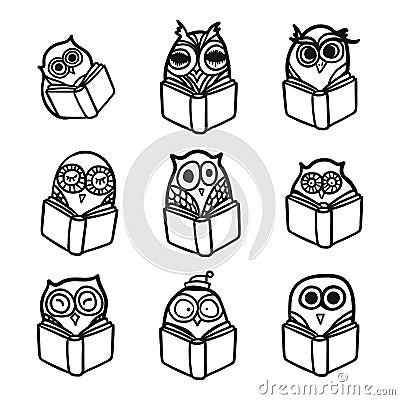 Owls hand drawn set Cartoon Illustration