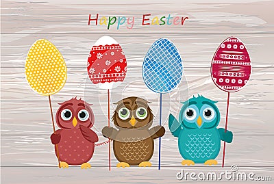 Owls keep Easter decorated eggs on a stick. Multicolored. Vector Stock Photo