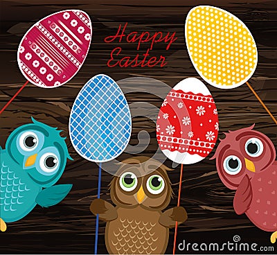 Owls keep Easter decorated eggs on a stick. Multicolored. Vector Stock Photo