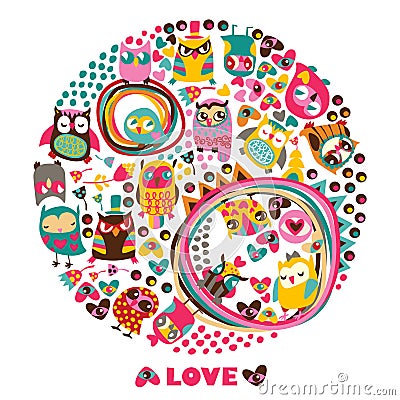 Owls Love circle background. Vector Illustration