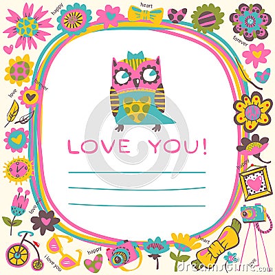 Owls Love cute background. Template for design cartoon greeting Vector Illustration