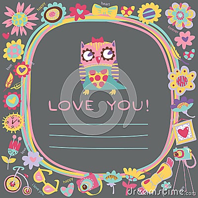 Owls Love cute background. Template for design car Vector Illustration