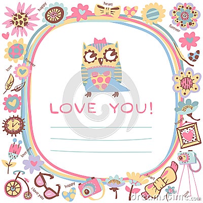 Owls Love cute background. Template for design cartoon greeting Vector Illustration