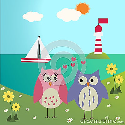 Owls in love on the sea Vector Illustration