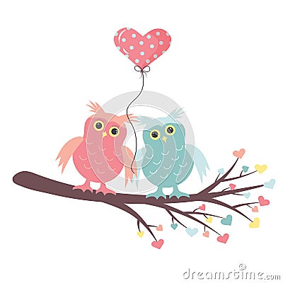 Owls in love are sittting on the branch with a balloon in the form of a heart Vector Illustration