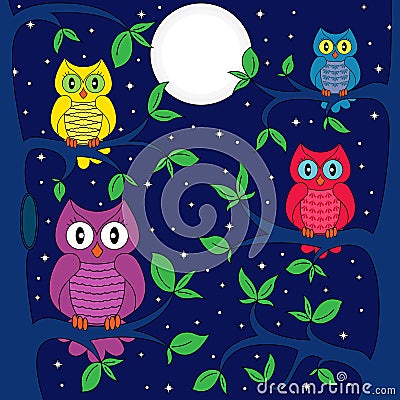 Owls in a moonlit night Vector Illustration