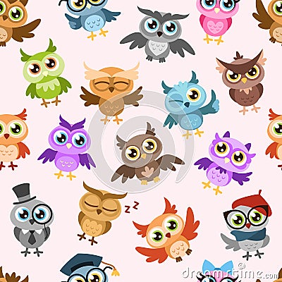 Owls seamless pattern. Colorful cute wise owl, joyful forest birds cuteness childish wallpaper print, textile cartoon Vector Illustration