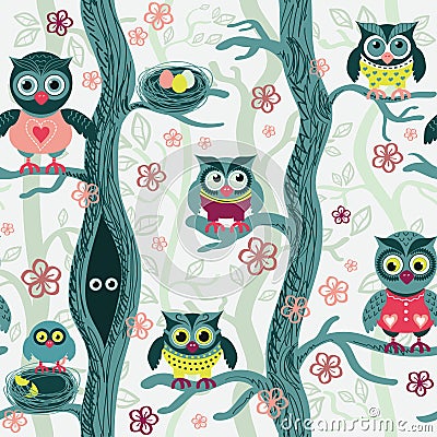 Owls in spring seamless pattern in Scandinavian style. Vector Illustration