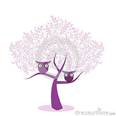 Owls in a Tree Vector Illustration