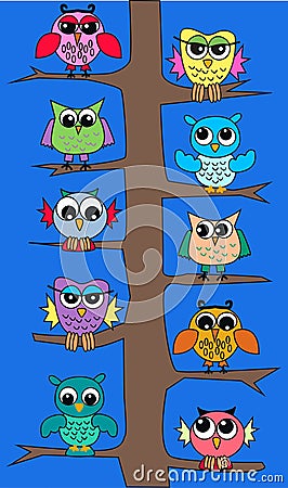 Owls in a tree Vector Illustration