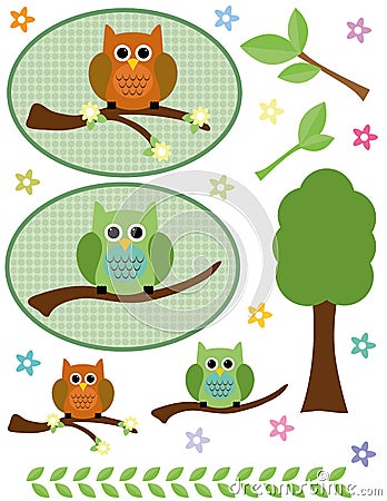 Owls, tree, branches and flowers Stock Photo