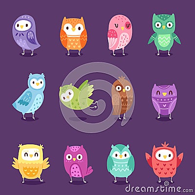 Owls vector cartoon owlet character kids animal baby art for children illustration set of childish colorful bird owlish Vector Illustration