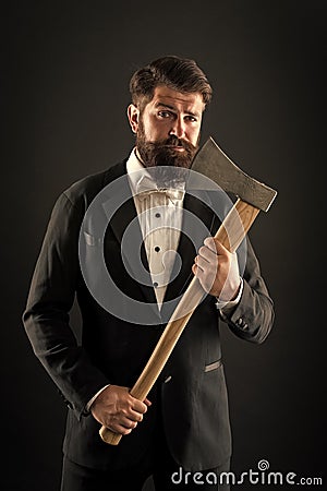 Own opinion. Decision was made. Man brutal hipster with axe. Sharp ax hand confident guy. Masculinity and brutality Stock Photo