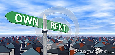 Own or Rent Sign with Houses Stock Photo