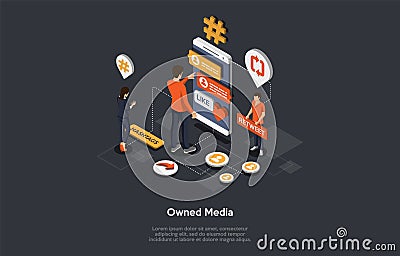 Owned Media, Digital Advertising, Online Publicity, Branding Concept And Publisher Promoting. People Promote Internet Vector Illustration