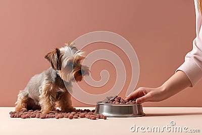 Owner Feeding Hungry Dog With Granules, Domestic Life Stock Photo